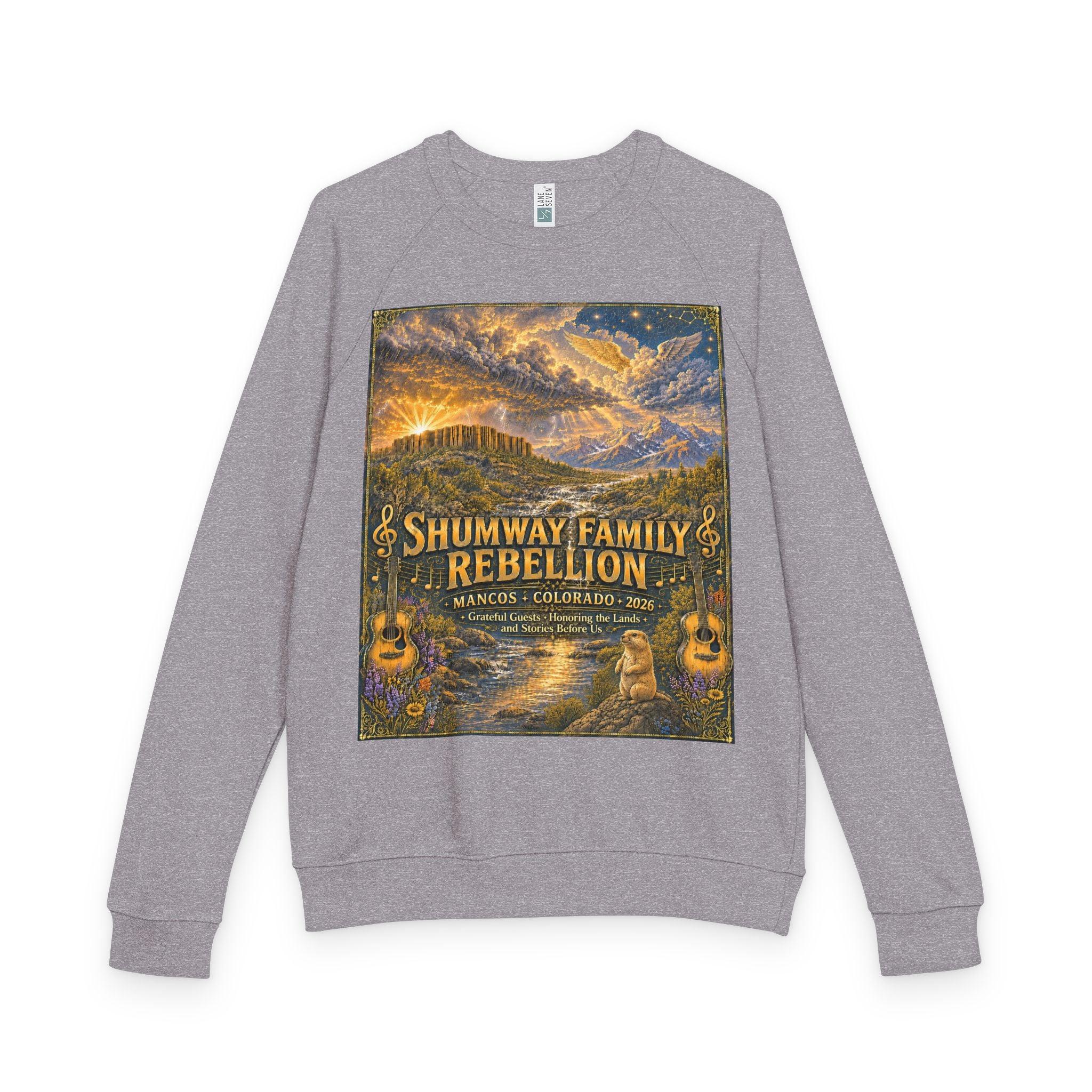 Shumway Family Rebellion Crewneck Sweater | Mountain Lake Concert Poster Design