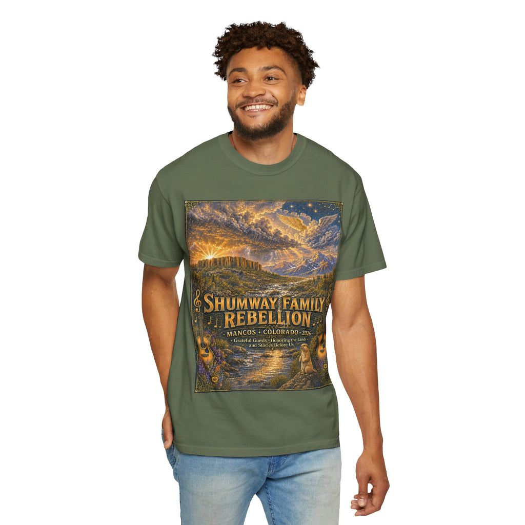 Shumway Family Rebellion T-shirt | Americana Sunset Landscape, Guitar Motif
