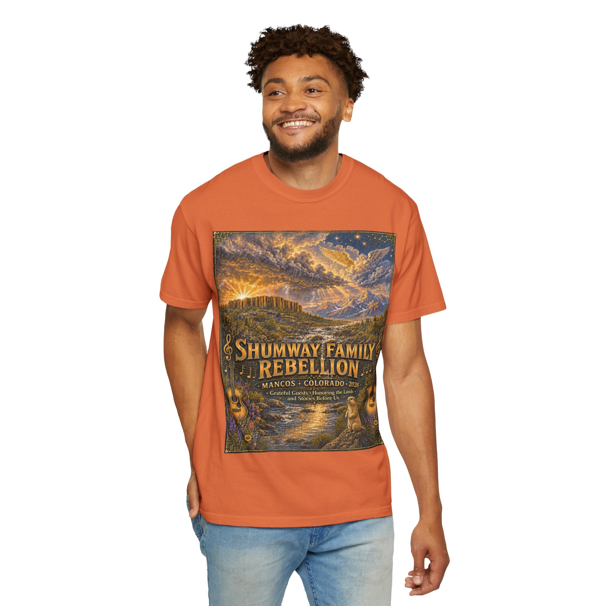 Shumway Family Rebellion T-shirt | Americana Sunset Landscape, Guitar Motif