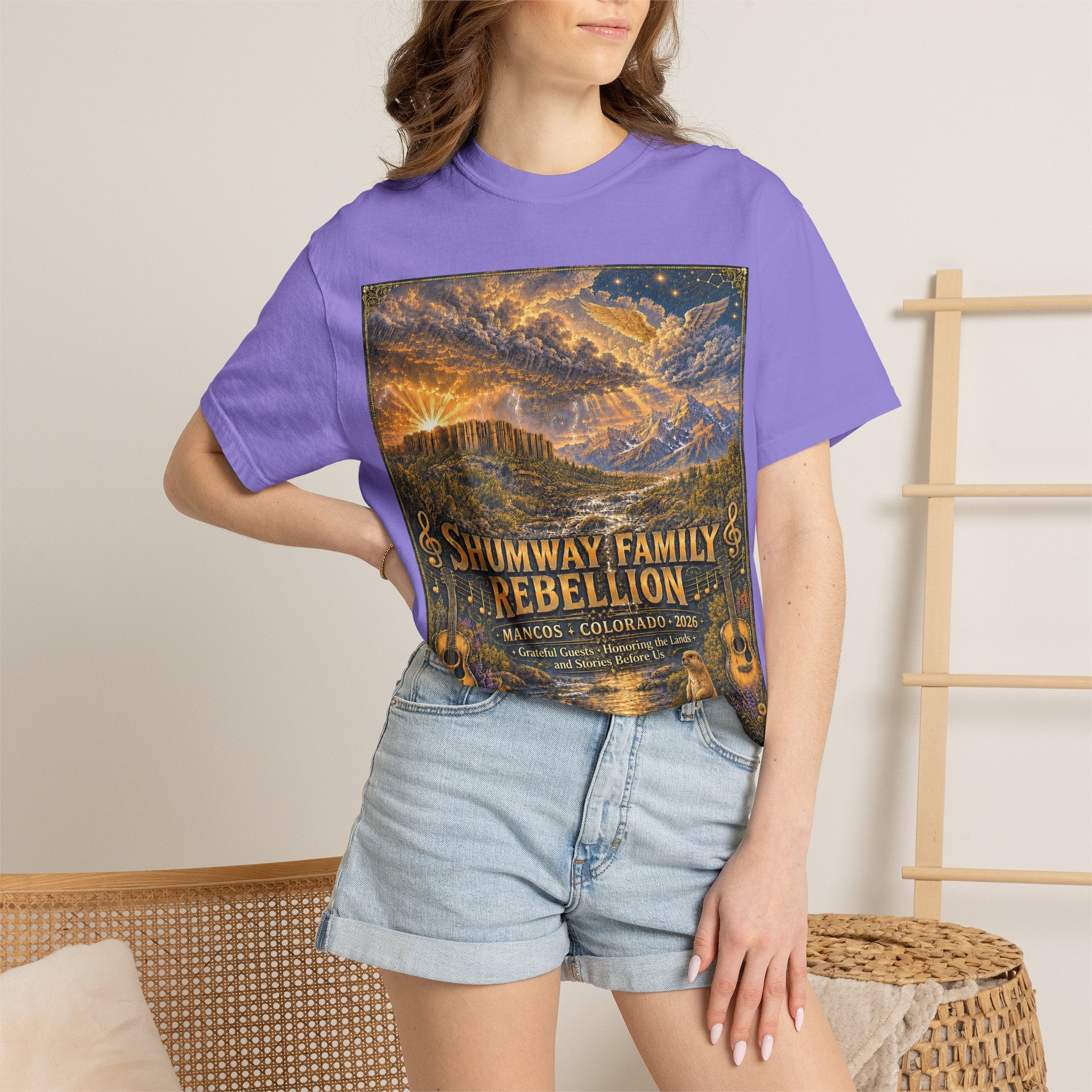 Shumway Family Rebellion T-shirt | Americana Sunset Landscape, Guitar Motif