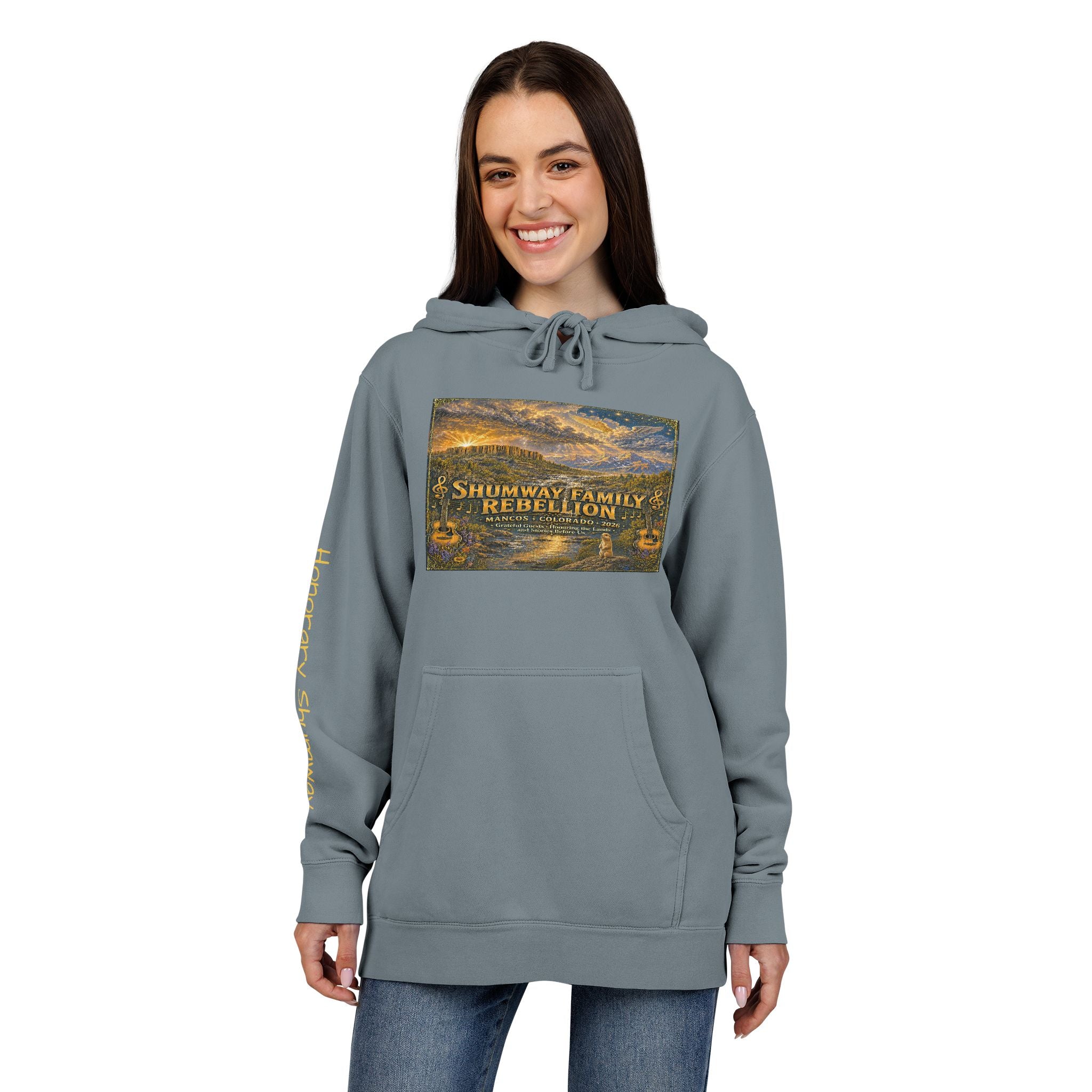 Honorary Shumway Mountain Lake Sunset hoodie | Vintage Landscape, Script Sleeve