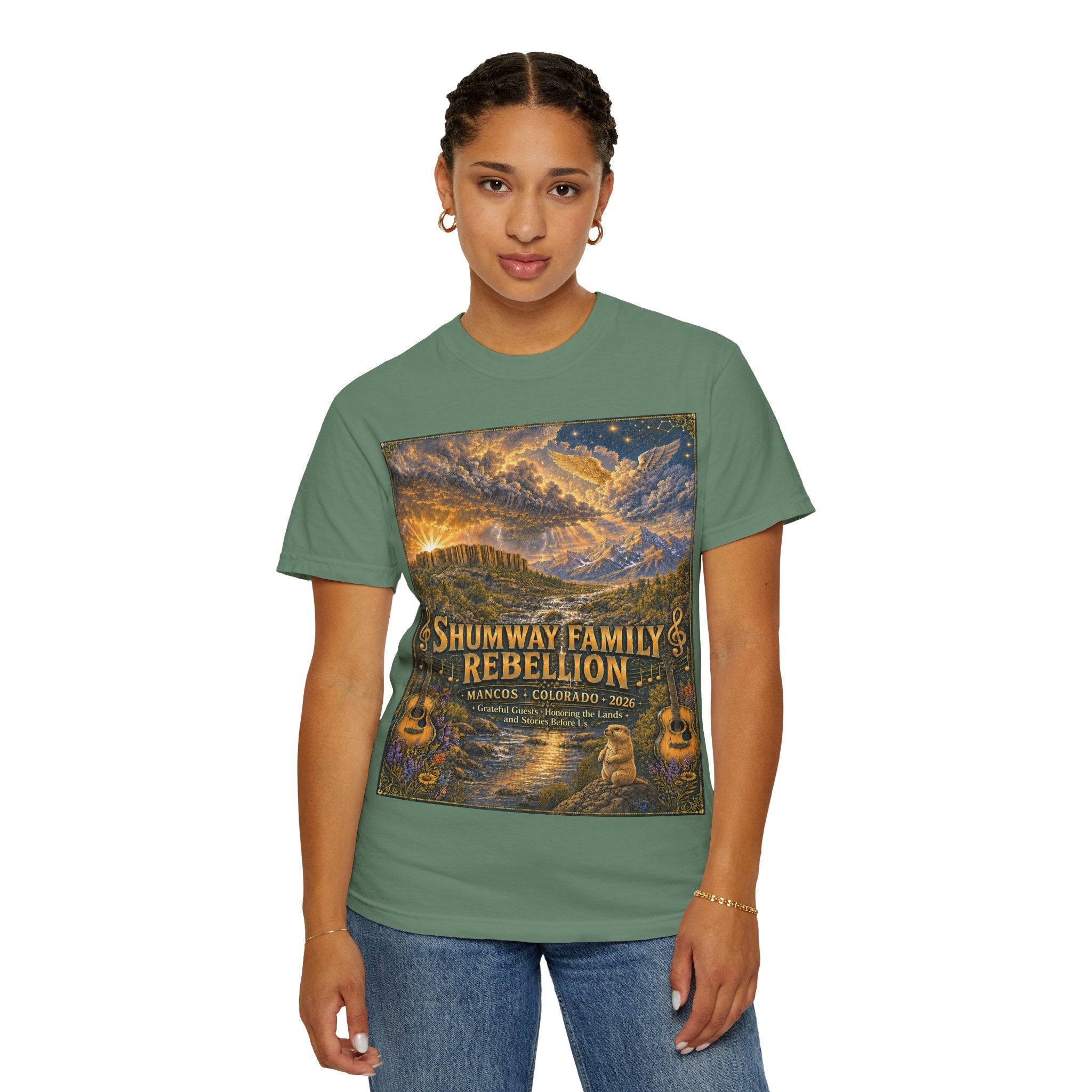 Shumway Family Rebellion T-shirt | Americana Sunset Landscape, Guitar Motif