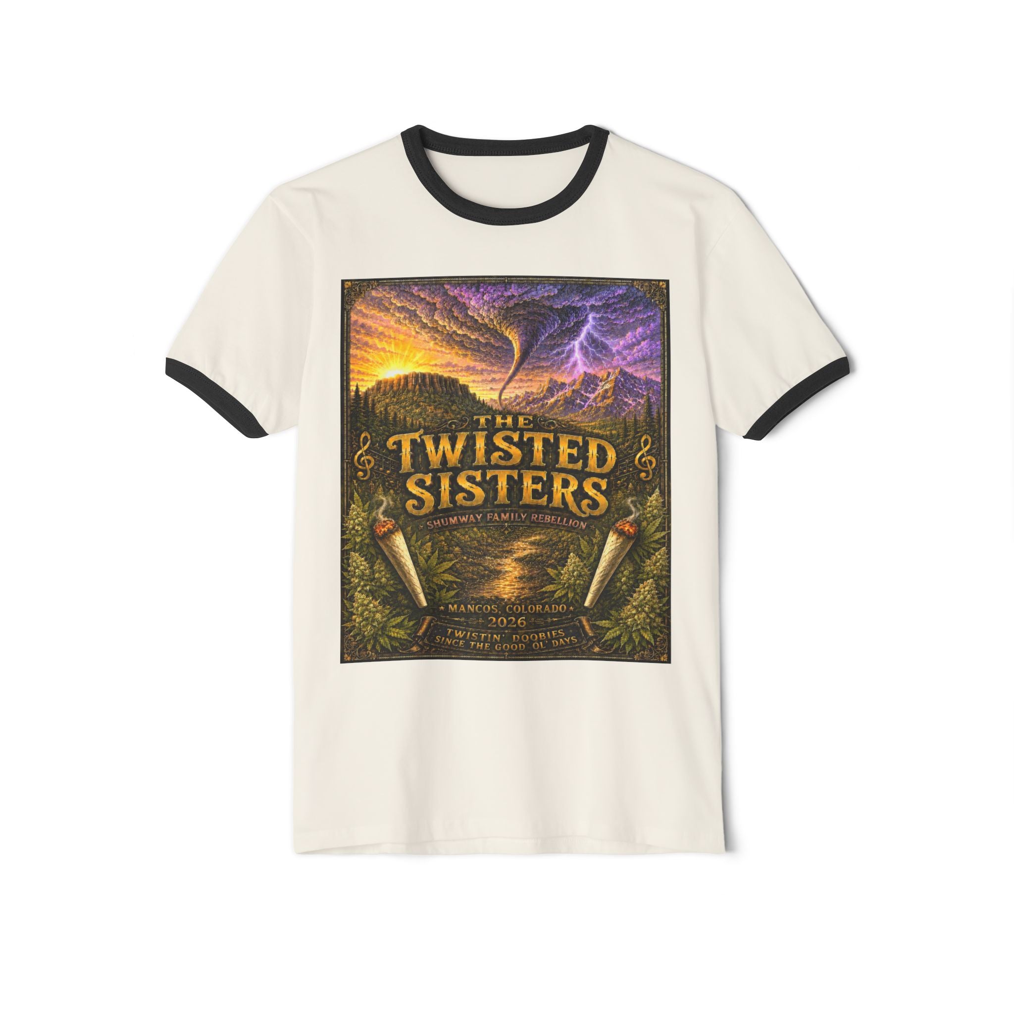 The Twisted Sisters Shumway Family Rebellion Poster T-Shirt | Mountain Lightning Scene