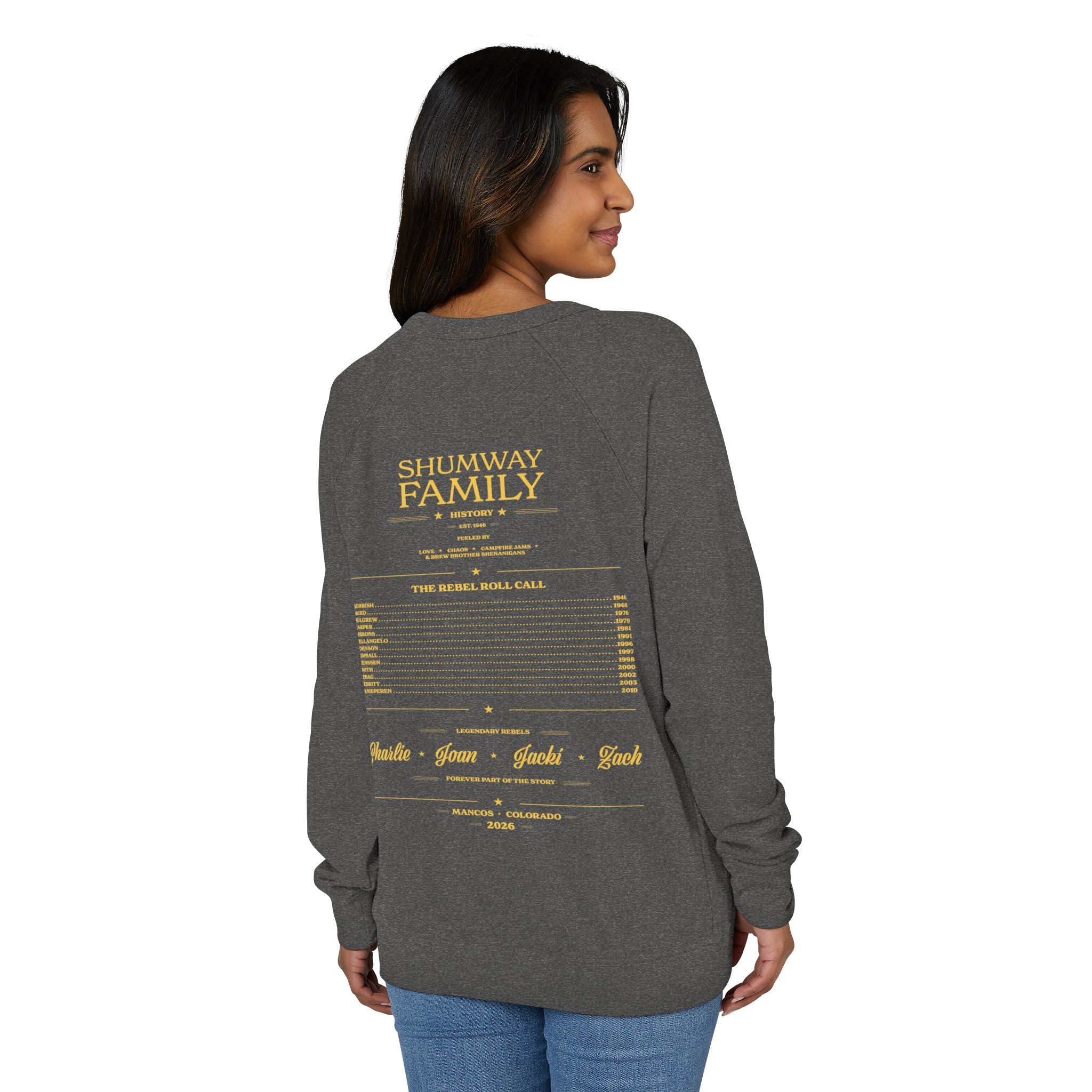 Shumway Family Rebellion Crewneck Sweater | Mountain Lake Concert Poster Design